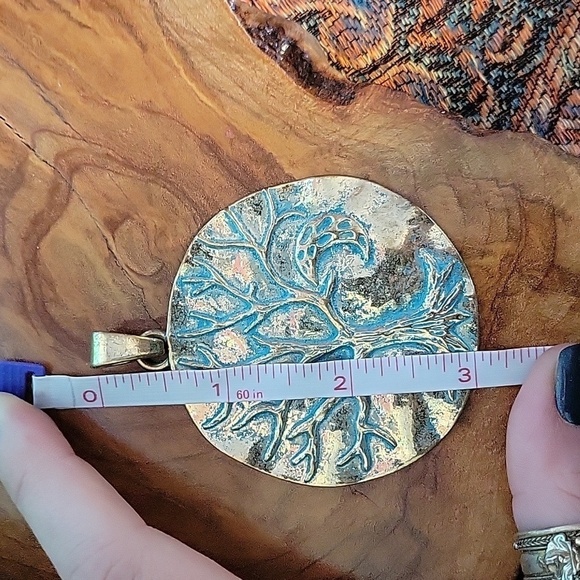 Pale Golden & Teal Colored Tree Of Life And Moon  Bigger Pendant - Picture 5 of 7